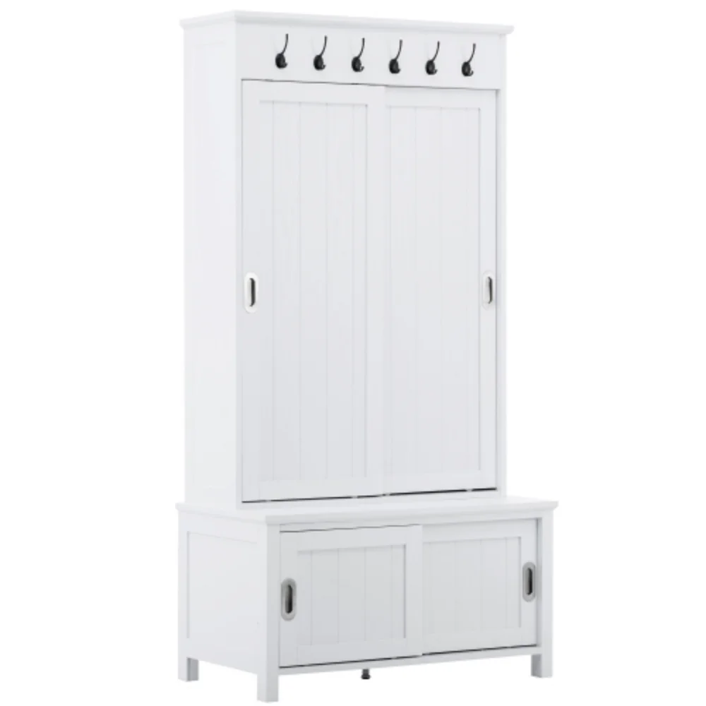 Multifunctional Hall Tree with Sliding Doors, Wooden Hallway Shoe Cabinet with Storage Bench and Shelves, Mudroom Coat Storage with Hanging Hooks for Entryways, White