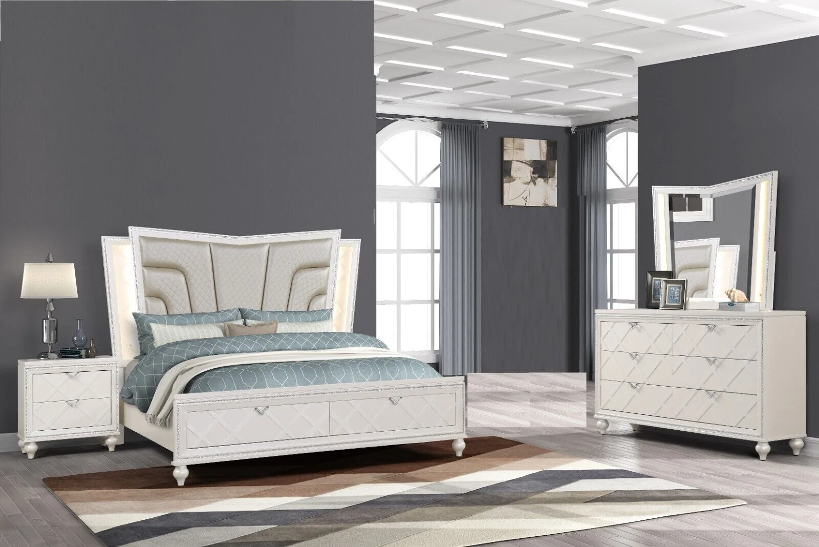 Modern 5pc Luxury Silver King Size Storage LED Headboard Bed Dresser Mirror Nightstand Bedroom Furniture