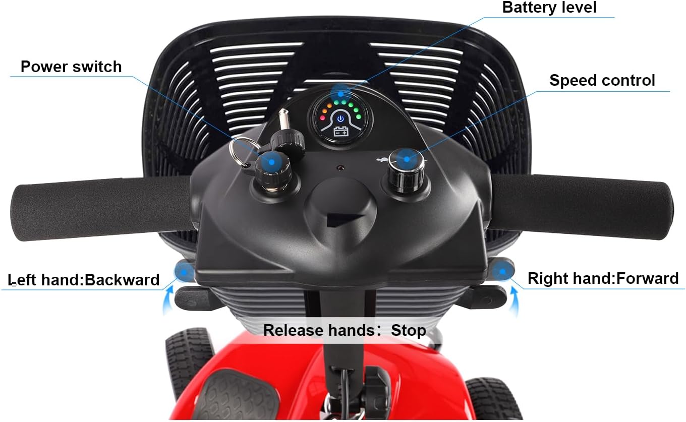 4 Wheel Mobility Scooter, Electric Power Mobile Scooters with Lights, Basket and Extended Battery, Collapsible and Compact Duty Travel Scooter w/Height-Adjustable Swivel Seat, for Seniors Adult, Red