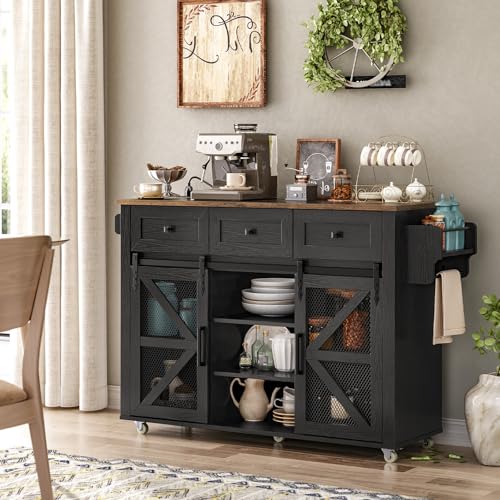 Kitchen Island with Storage, Kitchen Cart with Charging Station, Rolling Kitchen Island Table with Drop-Leaf, 3 Drawers, Barn Doors, Towel Rack and Spice Rack, White and Walnut