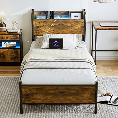 Queen Bed Frame with LED Lights and Charging Station, Queen Platform Bed with Storage Shelf Headboard, Strong Metal Slats Support, No Box Spring Needed, Noise Free, Easy Assembly - Black