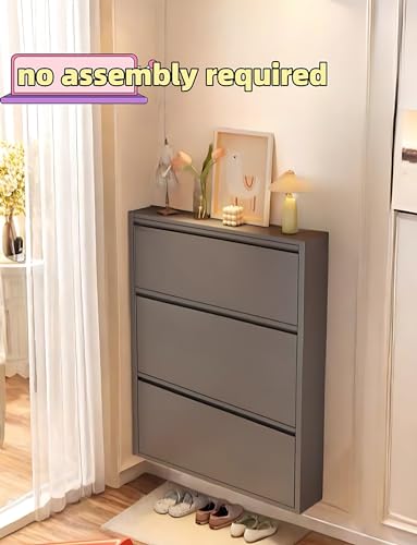 Shoe Cabinet Storage for Entryway,No-Assembly Large Shoe Rack Cabinet with 3 flip Drawers,Hidden Narrow Metal Freestanding Shoe Organizer for Living Room, Bedroom and Garage,Wall Mounted,black, Grey