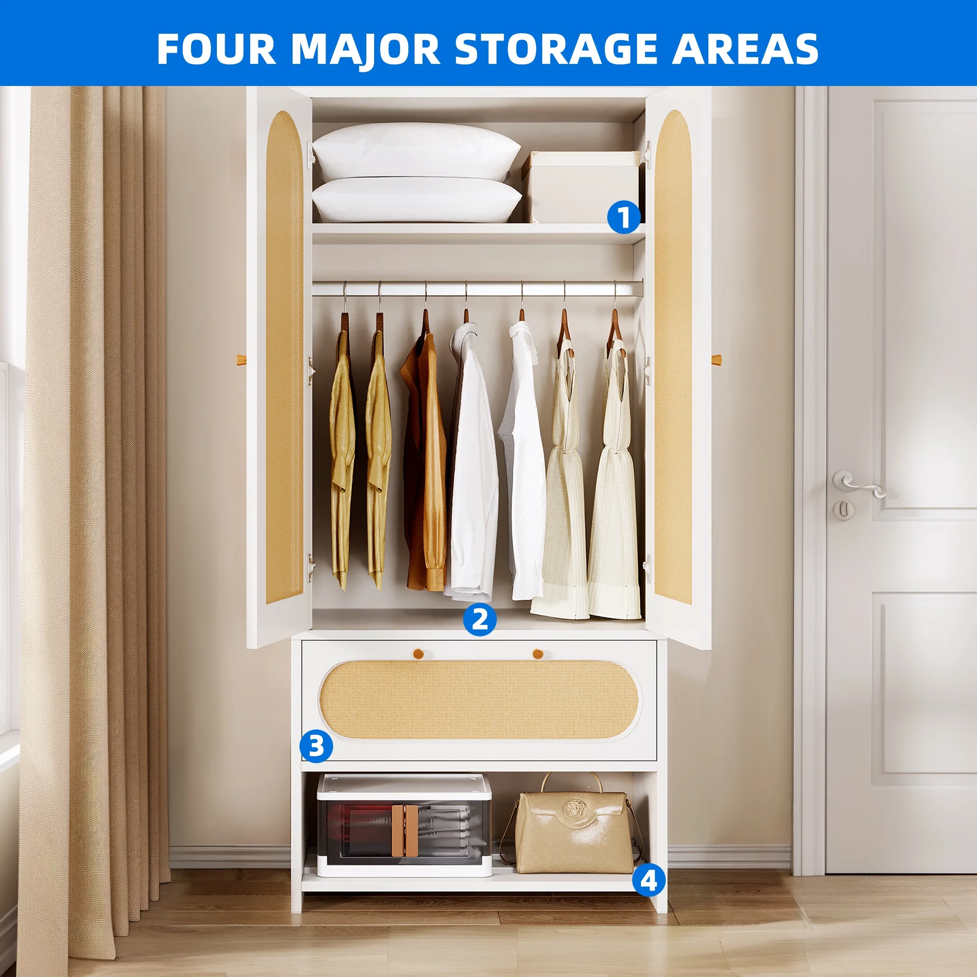 Dextrus Natural Rattan Armoire Wardrobe Closet Cabinet with 2 Doors, Armoire Storage Cabinet with Drawers and Hanging Rods, Wooden Closet Organizer for Hanging Clothes with Shelves & Steel Stand