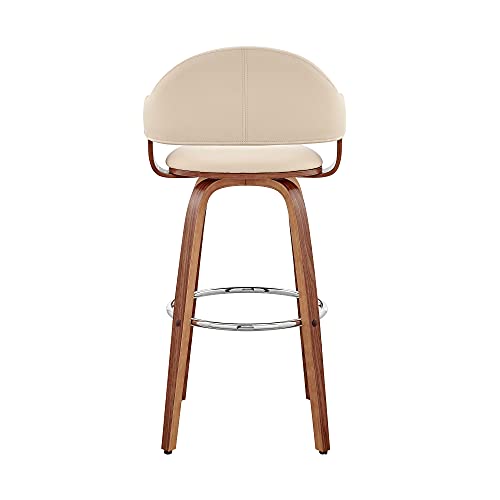 Armen Living Daxton Mid Century Modern Swivel Bar Stool for Kitchen Island Counter in Cream Faux Leather and Walnut Wood, 26" Seat Height