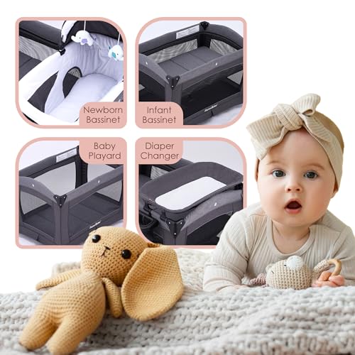 Pamo Babe Playard Deluxe Nursery Center, Foldable Playpen for Baby & Toddler, Bassinet, Mattress, Changing Table for Newborn (Grey)