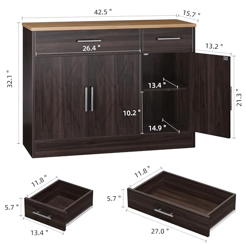 Shintenchi Modern Farmhouse Sideboard Buffet Cabinet with Storage with 3 Doors,42" Barn Doors Buffet Cabinet with Storage, Wood Coffee Bar Cabinet with Adjustable Shelf for Kitchen Living Room,White