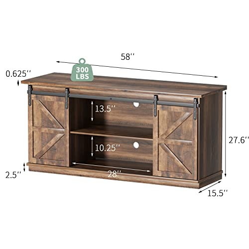 YESHOMY Farmhouse TV Stand for Televisions up to 65 Inches, Sliding Barn Doors and Storage Cabinets, Console Table and Media Furniture for Living Room, 58 Inch, Milk White