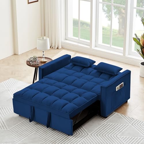 55" Velvet Convertible Sofa Sleeper w/2 Detachable Arm Pockets, Pull-Out Couch Bed Loveseat with Adjustable Backrest, for Office Living Room Apartment, 87inch, Beige