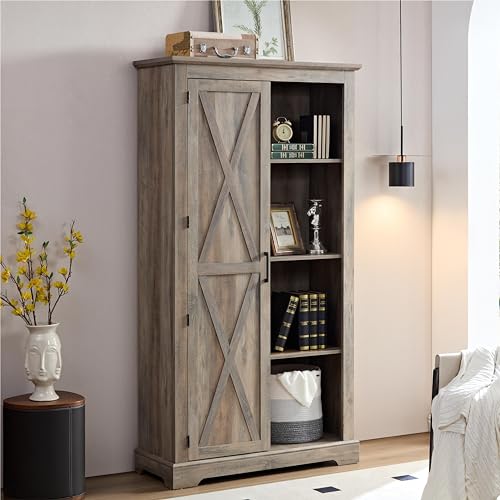 Farmhouse Wooden Tall Storage Cabinet Barn Door Pantry Kitchen Storage Furniture Home Drawer Rack with Doors and Open Shelves for Kitchen Living Room Bedroom (Gray Wash)