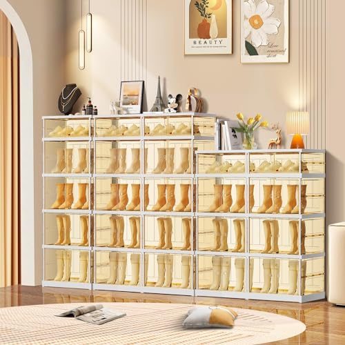 6-Tier Foldable Shoe Rack for Closet Entryway 6-12Pairs,Stackable Clear Shoe Storage Boxes Organizer with Door Plastic Small Shoe Cabinet Bins with Lids Narrow Shoe Shelf Easy Assembly