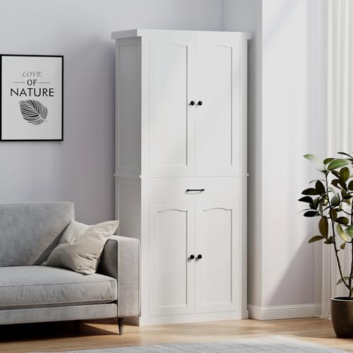 HollyHOME 72" Kitchen Pantry Cabinet, Storage Cabinet with 4 Doors and 1 Drawer, Freestanding Cupboard with Adjustable Shelves and 6 Door Shelves for Kitchen, Dining Room, Living Room, White