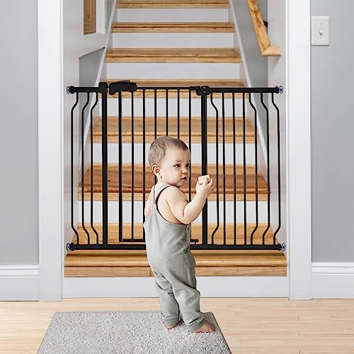 37.4" Extra Tall Baby Gate for Stairs Doorways with Door, 29-52.5" Wide Easy Install Dog Gate Indoor, Safety Metal Pressure Mounted Pet Gate with Walk-Thru Auto Close for The House, Black