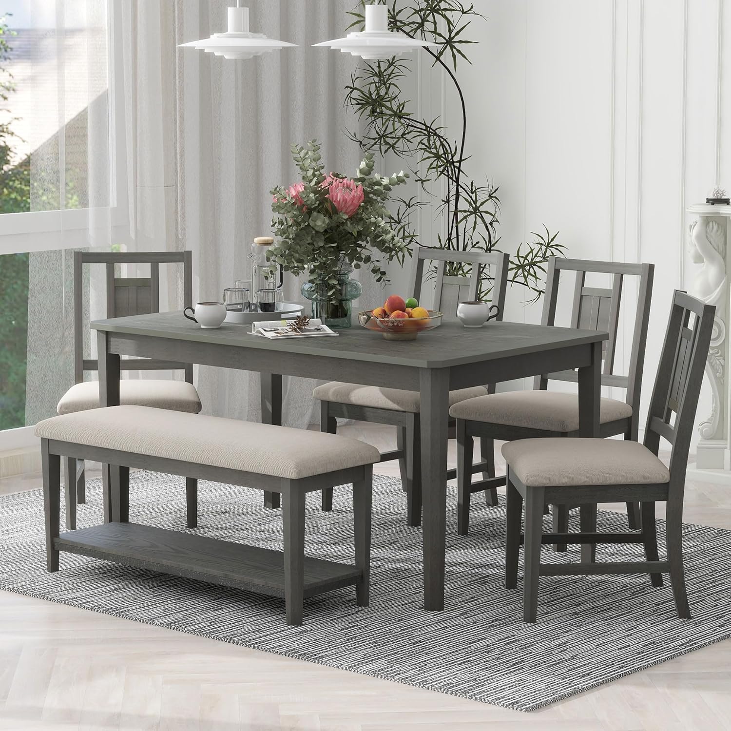 Retro 6-Piece Dining Table Set, 60" L Minimalist Dining Table and 4 Upholstered Chairs & 1 Bench, Solid Wood Kitchen Dining Room Table Set for 6, Home Family Breakfast Set (Dark Gray-Q)