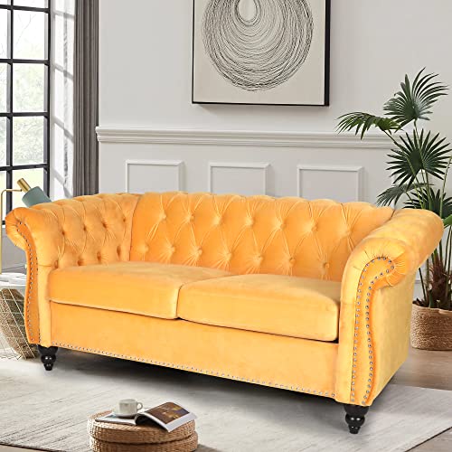 RARZOE Traditional Chesterfield Loveseat Sofa, Modern Vintage Chesterfield Button Tufted Velvet Couch with Nailhead Trim Scrolled Arms for Living Room Bedroom Office(Blue)