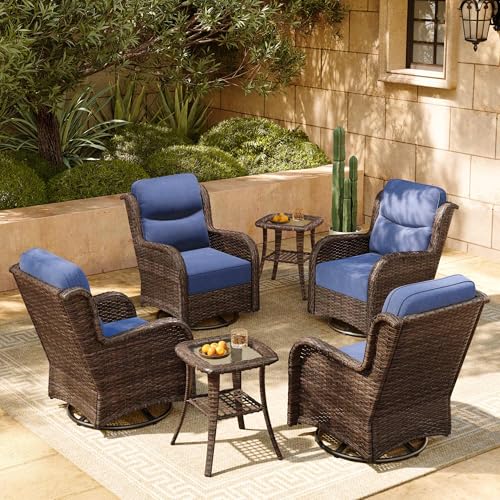 Luxury Patio Furniture Set with 6-inch Thick Cushion, Outdoor Couch and High Back Swivel Rocker Patio Chairs, 7PCS Wicker Conversation Set for Deck, Yard, and Poolside in Blue (V2)