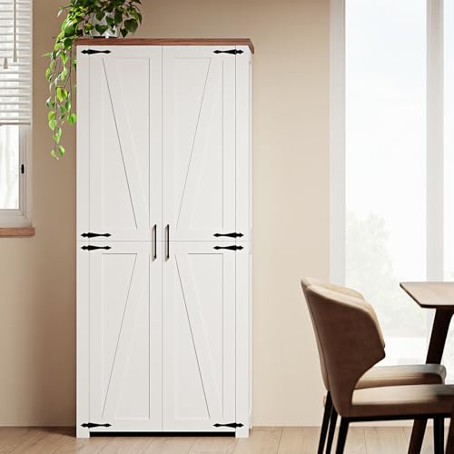 HollyHOME 72" Kitchen Pantry Cabinet, Storage Cabinet with 4 Doors and 1 Drawer, Freestanding Cupboard with Adjustable Shelves and 6 Door Shelves for Kitchen, Dining Room, Living Room, White
