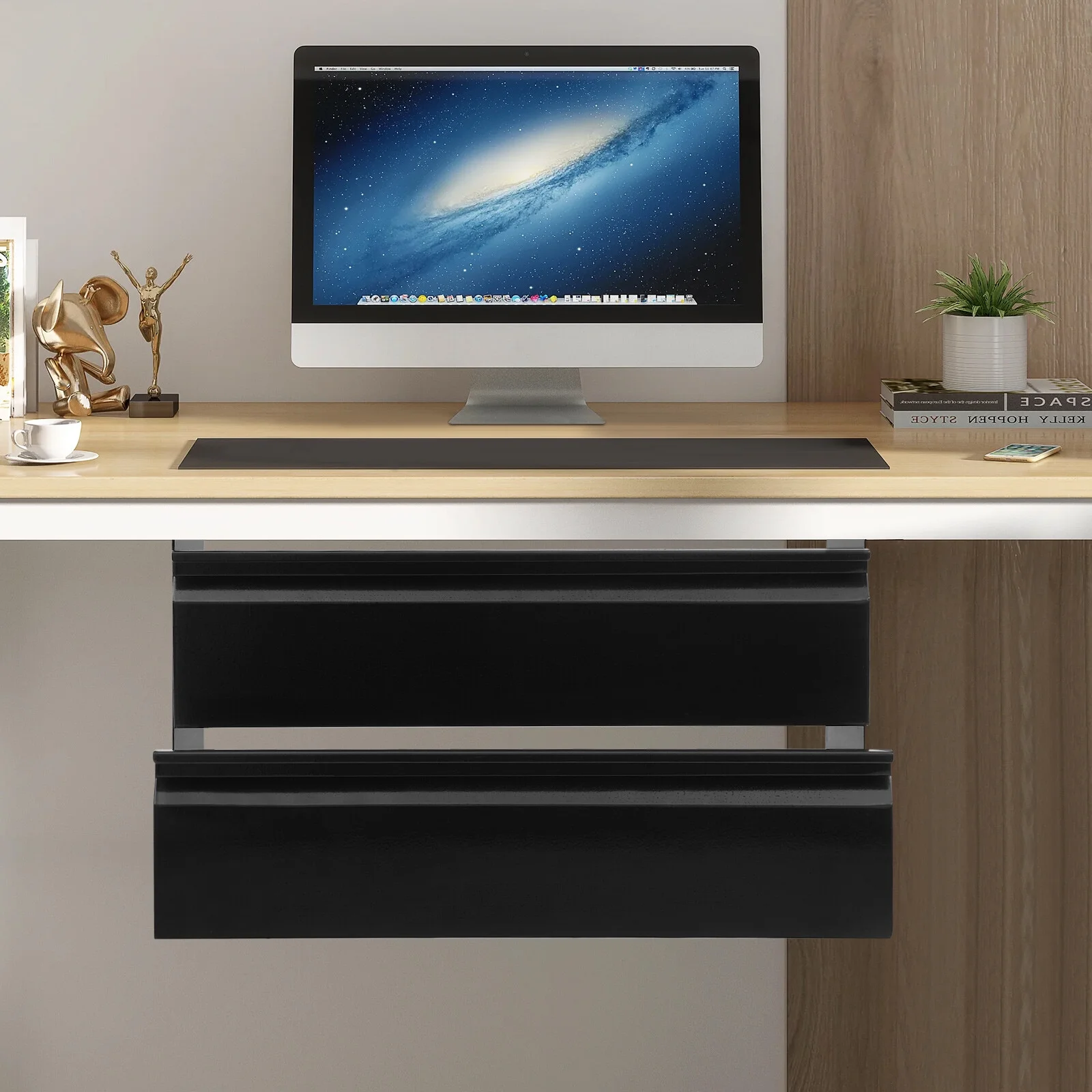 2-Tier Under Desk Sliding Drawer Organizer, Black Steel Pull-Out Storage Tray for Office Study, 6.6LB Capacity