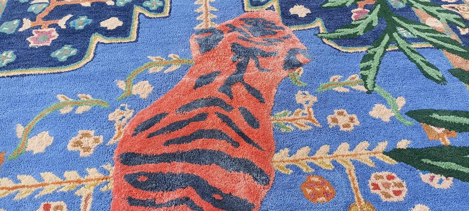 Bengal Tiger Animal Print Wool Area Rug Handmade Featuring Symmetrical Palm Leaves Design - Ideal for Living Room Bedroom Kids Room & Office (Red, 9'x12')