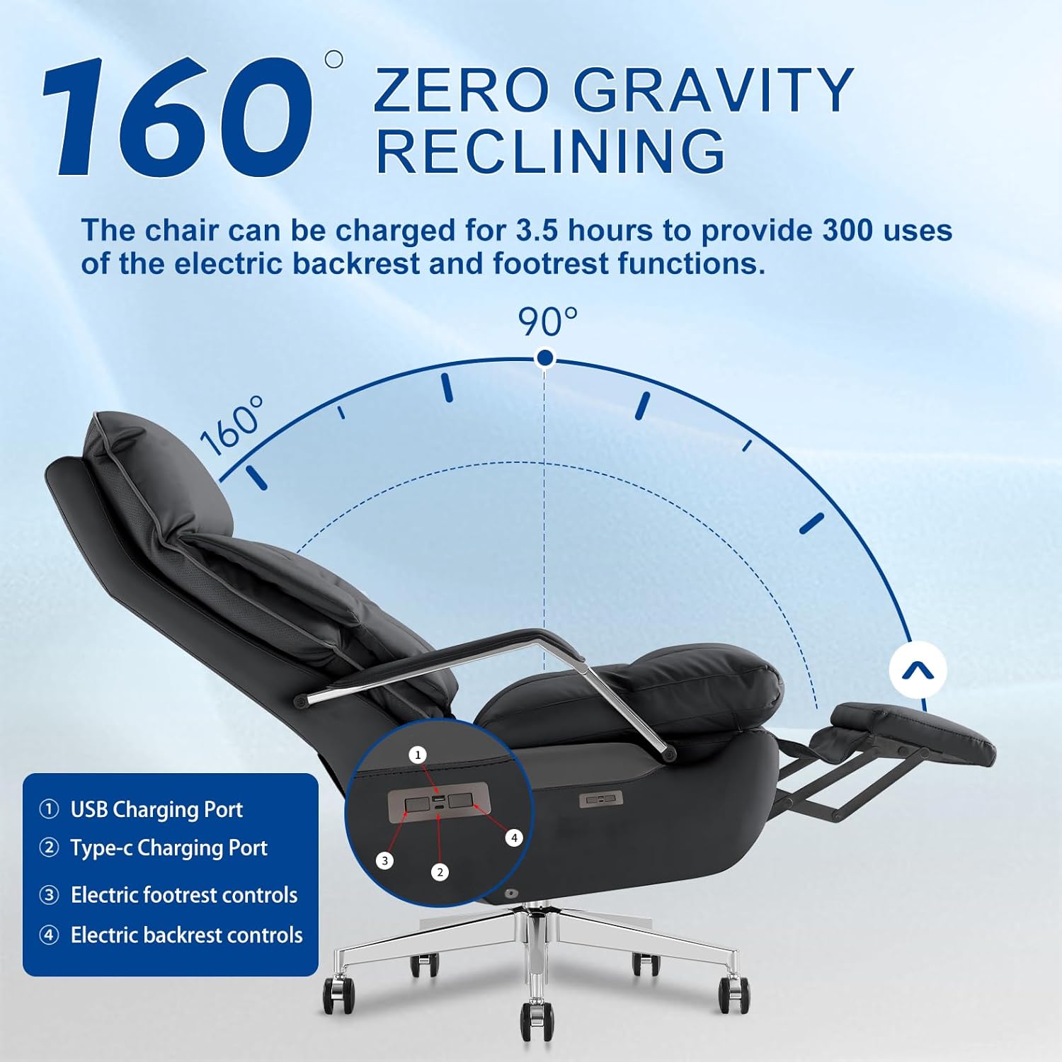Dual-Motor Executive Office Chair with Footrest Independent Electric Reclining Big and Tall Office Swivel Desk Chair, Ergonomic Chair High Back Large Comfor Home Office Leather Computer Chair (Black)