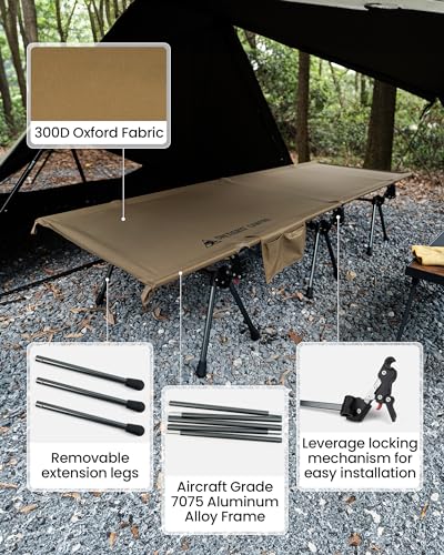 OneTigris SUPRANUBIS Camping Cot, Height Adjustable with Cot Leg Extenders, Strong Support 330lbs, Portable Folding Bed for Camping, Hiking, Travel, Truck, Beach, Office Nap (Ranger Green)