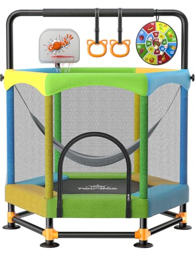 60" Trampoline for Kids, Twinkoo 5FT Fortified Toddler Trampolines with Anti-Rollover Bottom, Indoor/Outdoor Toddler Trampoline with Safety Enclosure, Adjustable Gymnastics Bars, Basketball Hoop