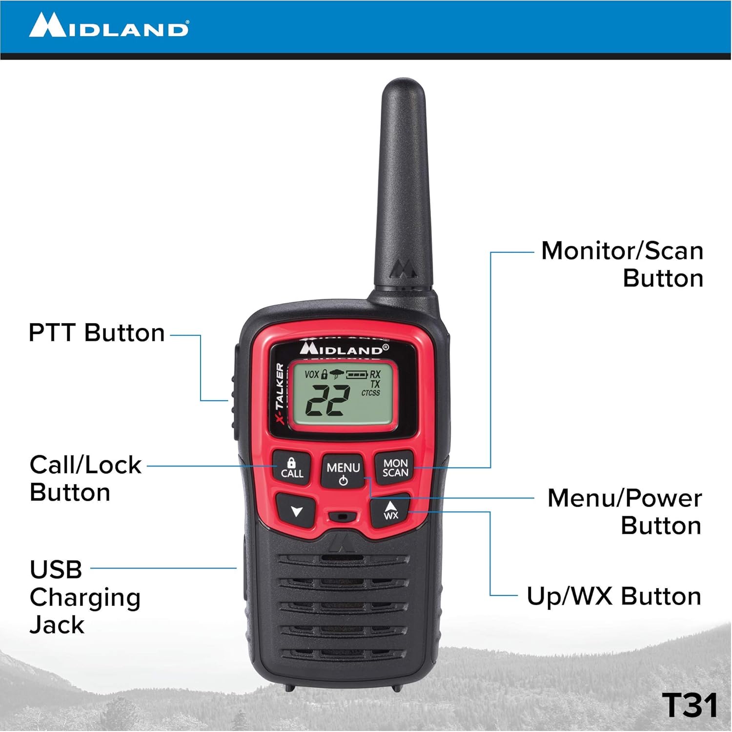 Midland T31VP 22 Channel FRS Walkie Talkie - Up to 26 Mile Range Two-Way Radio - Red/Black (Pack of 8)