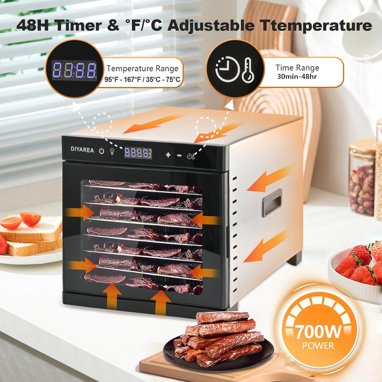 Food Dehydrator for Jerky, 8 Stainless Steel Trays Dehydrator Machine with Food Air-Drying Function, 167℉ Temperature Control & 48H Timer, 700W Fruit Dryer for Meat,Beef,Herbs,Dog Treats, ETL Approved