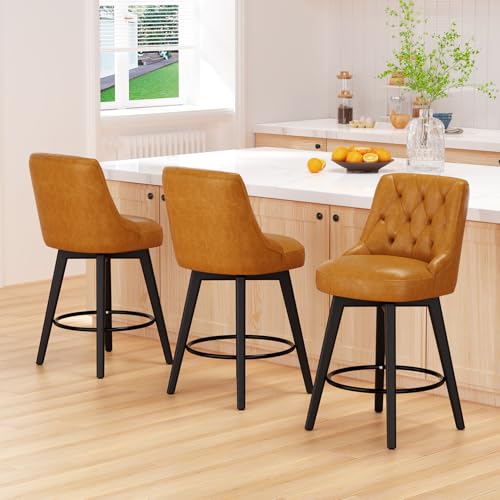 Sunny Heart Swivel Bar Stools with Backs,30" H Counter Stools Set of 2,Counter Height Bar Stools, Upholstered Kitchen Barstools with Solid Wood Legs,Beige