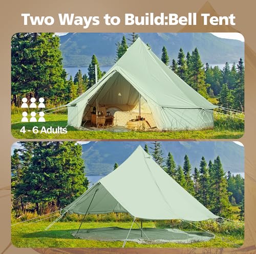 Cotton Canvas Bell Tent, Waterproof Large Tents with Sturdy Center & Door Pole and Space for 4/6/8 Person All 4 Season Camping Yurt Tent