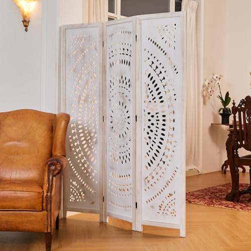 Room Divider Wood Carved Wall Divider Indoor Folding Bohemian Style Portable Partition Screen for Home Office Garden Terrace - 6 Panels (Antique, White-Washed)