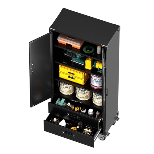 73" H Metal Storage Cabinet with Wheels, Garage Storage Cabinet with 4 Adjustable Shelves and Lockable Doors for Garage Home Office Utility Room,Required Assembly,Black