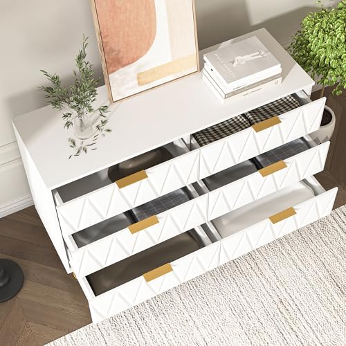 Vibe & Dine White 6 Drawer Dresser for Bedroom, Modern Double Dresser with Gold Handles and Legs, Wood Chest of Drawers with Wide Storage for Closet, Living Room, Hallway