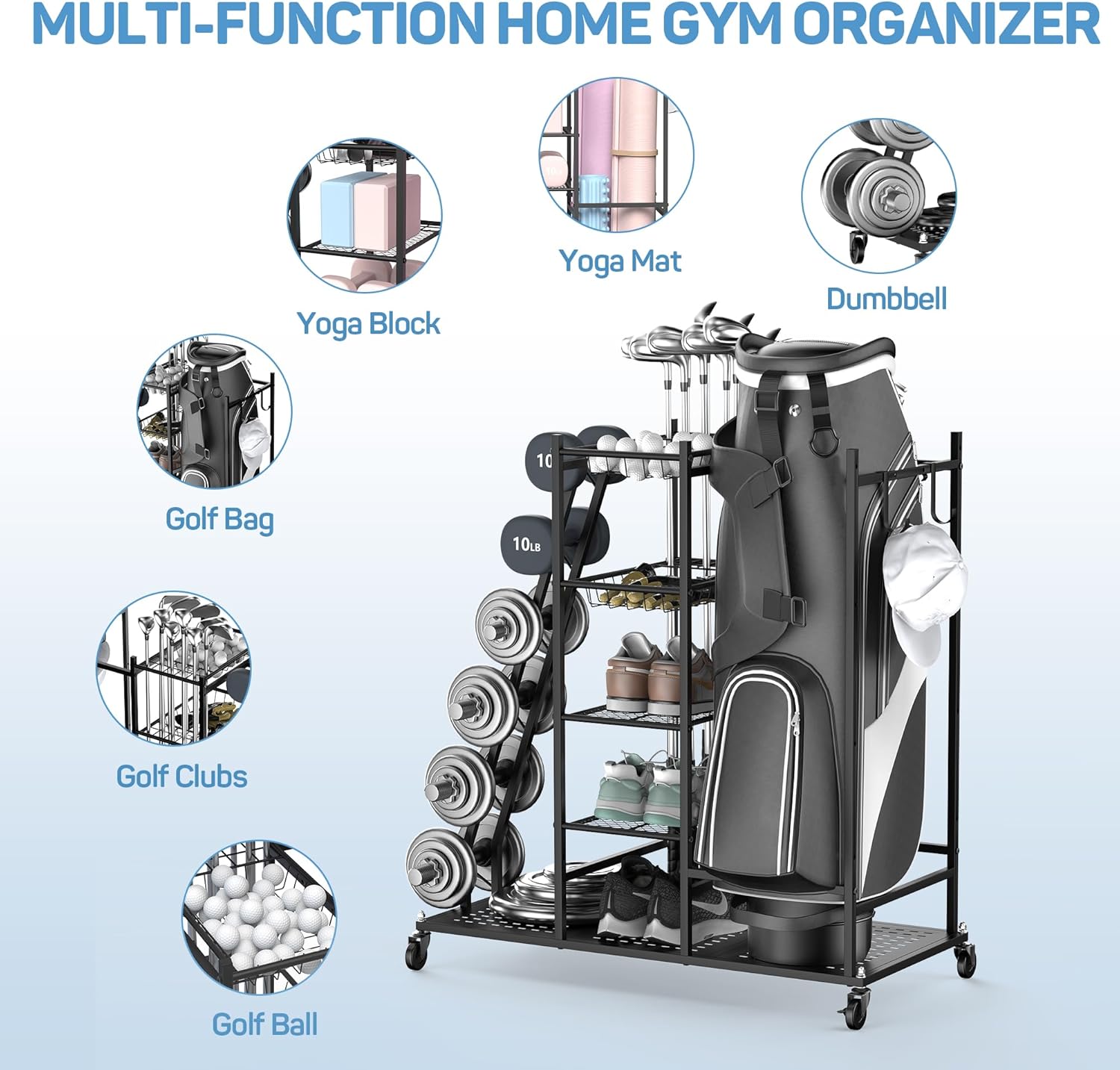 PLKOW Weight Rack for Dumbbells, Home Gym Storage for Dumbbells Yoga Mat Kettlebells and Gym Equipment, Golf Bag Stand and Dumbbell Rack for Garage Home Gym