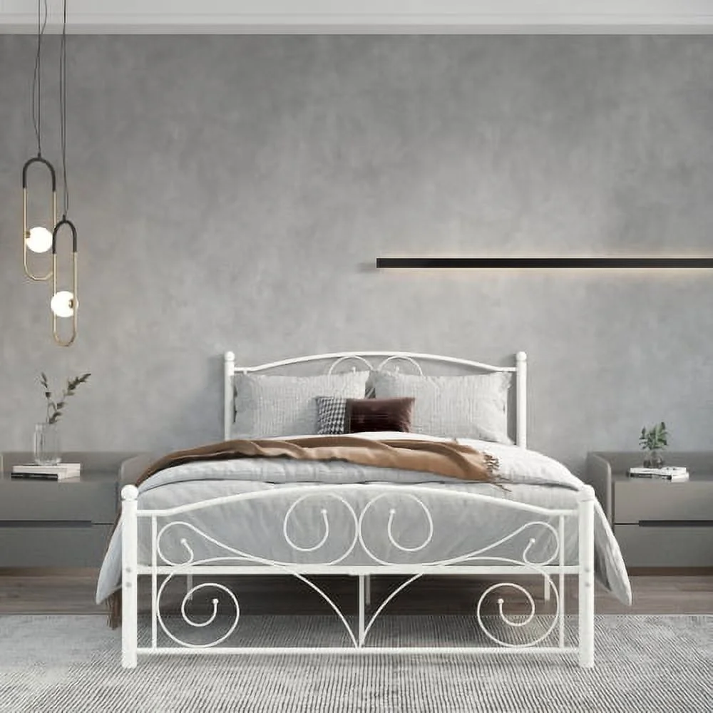 Full Size Unique Flower Sturdy System Metal Bed Frame with Headboard and Footboard - Modern Style Easy Assembly No Box Spring Needed