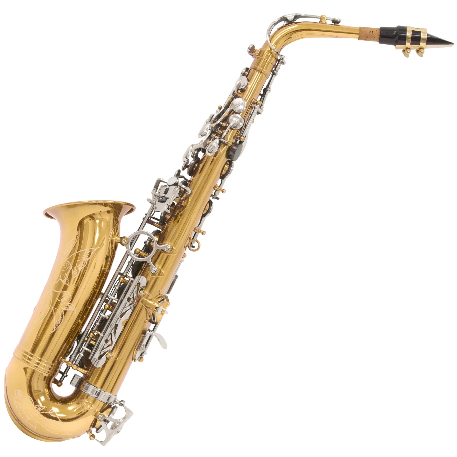 Mendini by Cecilio Eb Alto Sax With Tuner, Case, Mouthpiece, 10 Reeds, Pocketbook, MAS-LN Gold Lacquer Body with Nickel Plated Key E Flat Saxophone