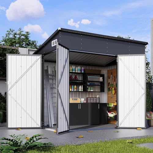 8'x4' Shed Galvanized Steel Storage Sheds with Triple Doors Weatherproof Outdoor Utility Sheds, Dual Lock Lean to Shed with Sloped Roof for Mower, Bike, Generator, Garden Tools (Black)