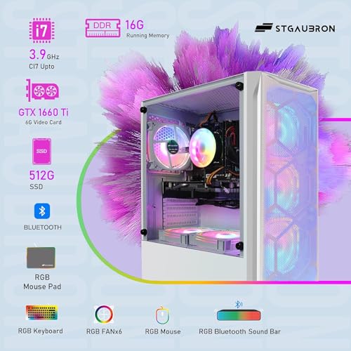 STGAubron Gaming PC Desktop Computer, Intel Core I7 up to 3.9 GHz, Radeon RX 580 8G, 16G RAM, 512G SSD, WiFi, Bluetooth 5.0, RGB Fan x6, RGB BT Sound Bar, Windows 10 Home