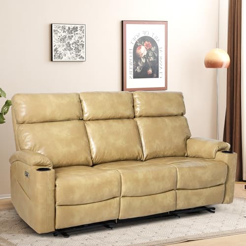 Power Reclining Sofa, Electric 3-Seat Dual Recliner Sofa with USB Ports, Cup Holders, Wall Hugger Sofa & Couch for Living Room Home Theater Apartment RV (Brown)