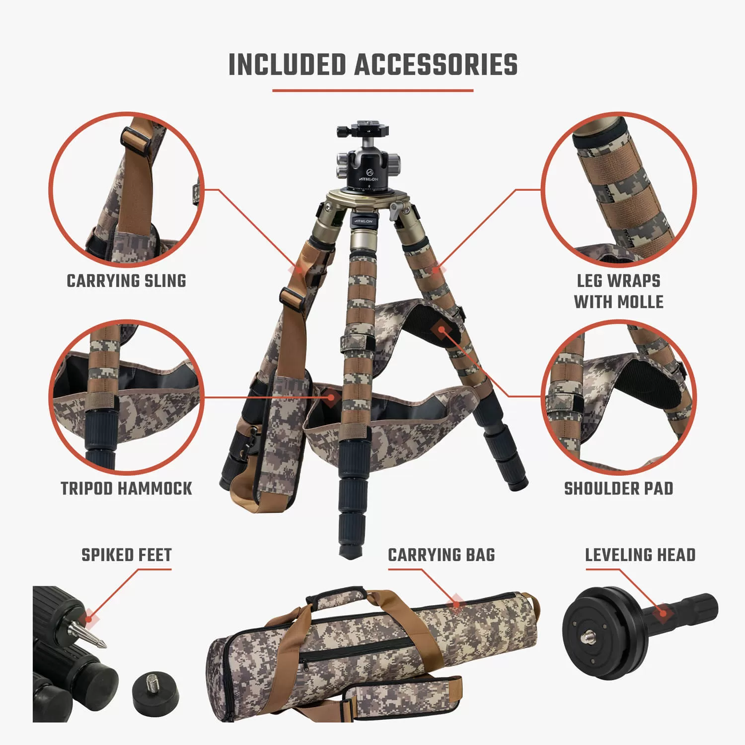 Athlon Optics Midas CF29 - Carbon Fiber Tripod (29mm tube), Ball Head (44mm), Soft sided carrying case, Accessories