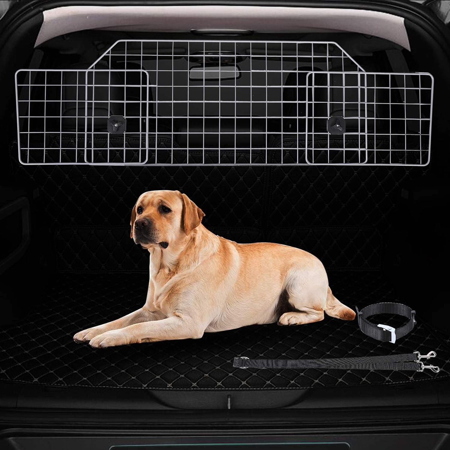 SNUGENS Dog Barrier for SUVs, Cars and Vehicles, Smooth Designed Wire Mesh Pet Barrier, Heavy-Duty Adjustable Dog Car Guard, Safety Car Divider for Cargo Area, Car Gate Fence with Dog Leash