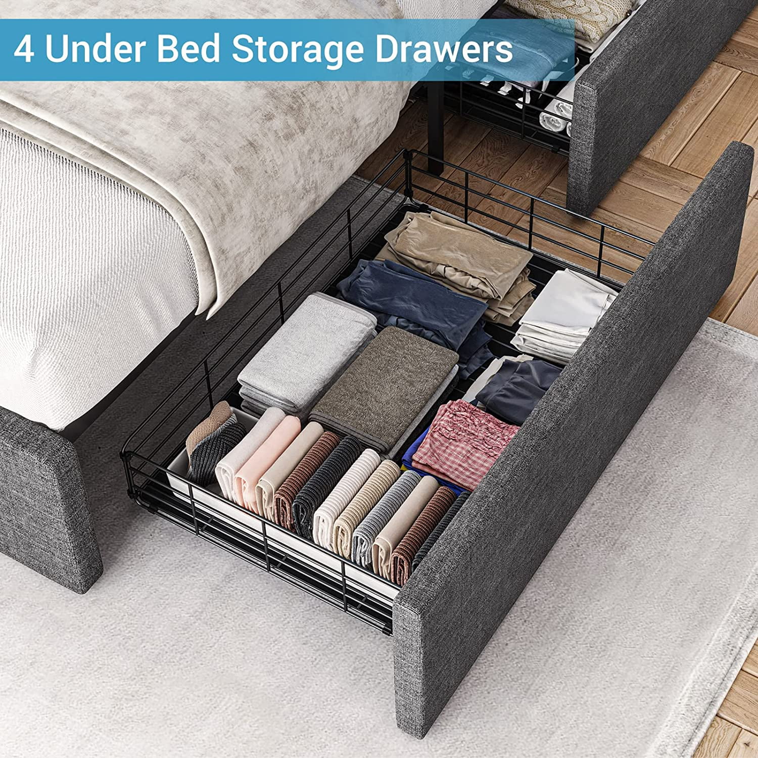Queen Bed Frame with 4 Storage Drawers and 2 USB Charging Station, Upholstered Platform Bed Frame with LED Headboard,Dark Grey