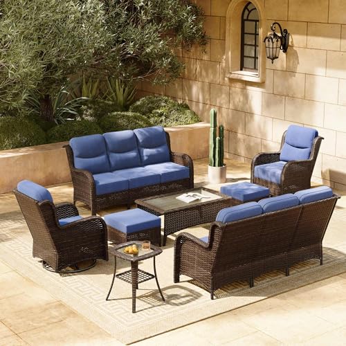 Luxury Patio Furniture Set with 6-inch Thick Cushion, Outdoor Couch and High Back Swivel Rocker Patio Chairs, 7PCS Wicker Conversation Set for Deck, Yard, and Poolside in Blue (V2)