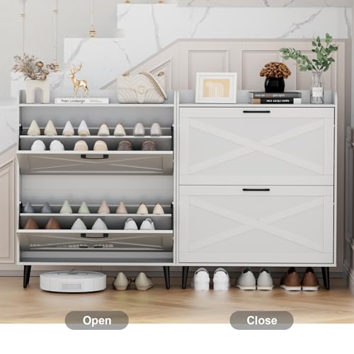 Shoe Storage Cabinet for Entryway with 2 Flip Doors, Hidden Shoe Storage Organizer with Metal Legs for Entryway, Closed Slim Shoe Rack Cabinet, White