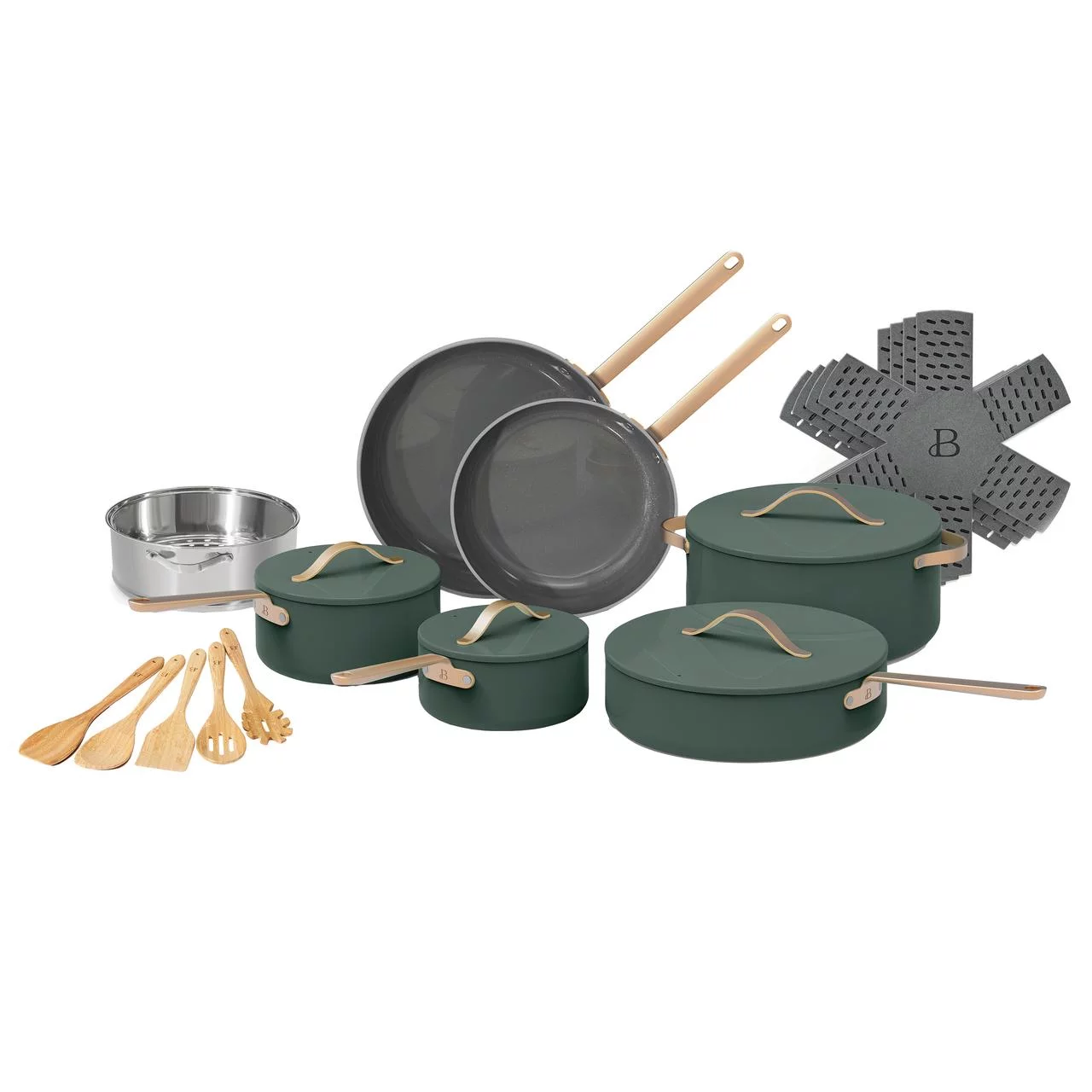 Beautiful 20pc Ceramic Non-Stick Cookware Set, Thyme Green by Drew Barrymore