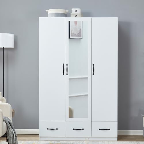 3-Door Armoire Wardrobe Closet Storage, Wood 3 Drawers White Closet Cabinet for Large Capacity with Hanging Rod and Metal Handles for Tall Cabinet Closet 47.3" L x 20.3" W x 74.2" H