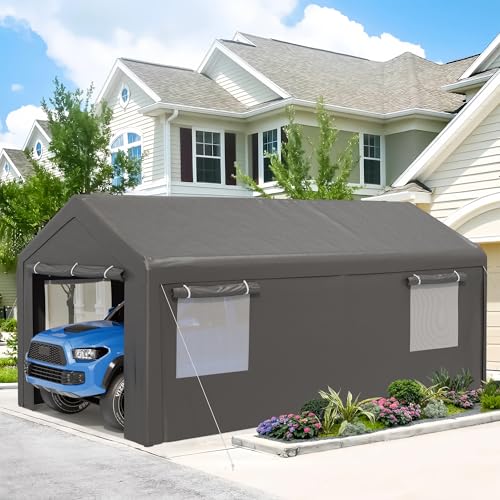 Outdoor Carport 10x20 ft, Car Canopy Portable Garage with Roll-up Ventilated Windows and All-Season Tarp Cover, Heavy Duty Car Port with Removable Sidewalls for Car, SUV, Boats (Grey)