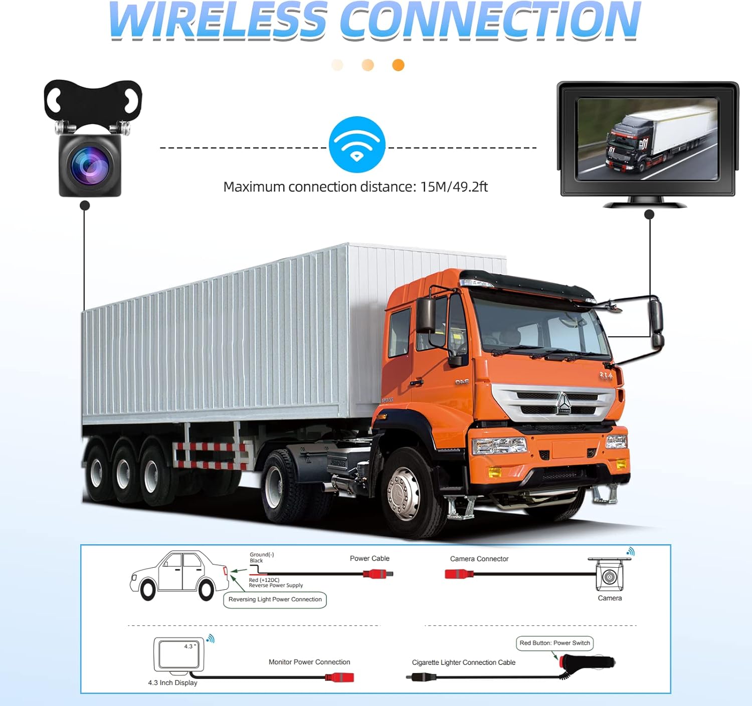 Wireless Backup Camera with Monitor Kit 4.3“ Reverse System HD 1080P Rear View Camera for Trucks, Van, Camping Car, SUV, Pickup, Waterproof Super Night Vision Grid Lines Reversing Automatic Display Pack of 2