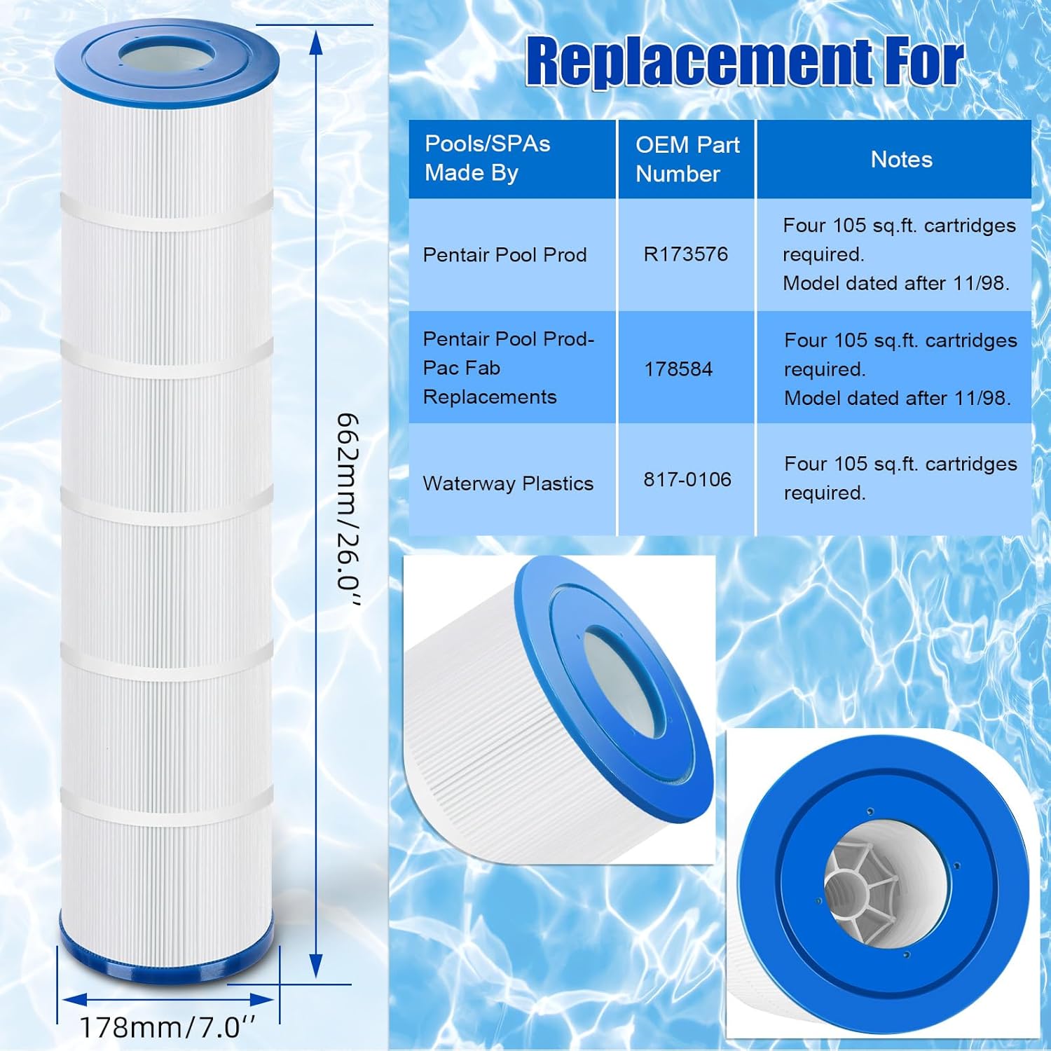 4 Pack Pool Filter Cartridges Replace Unicel C-7471, Filbur FC-1977, Pentair 178584 , 160301, Pleatco PCC105 Clean & Clear Plus 420, Waterway 425- Certified with NSF 50 for Material Safety (105 Sq.ft)