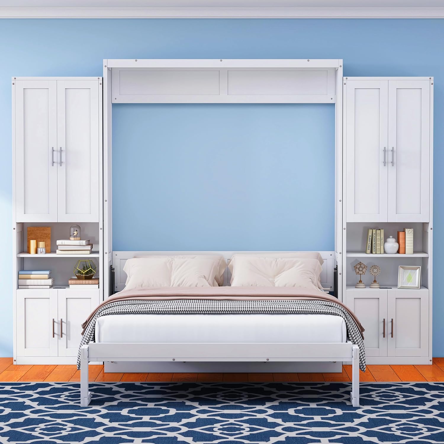 Wooden Full Size Murphy Bed 61.5-inch Cabinet Bed Folding Wall Bed with Desk Combo and 2 Side Cabinet Storage Shelf,for Small Spaces Studio Office Guest Room Use (White@USB ports/, Full)