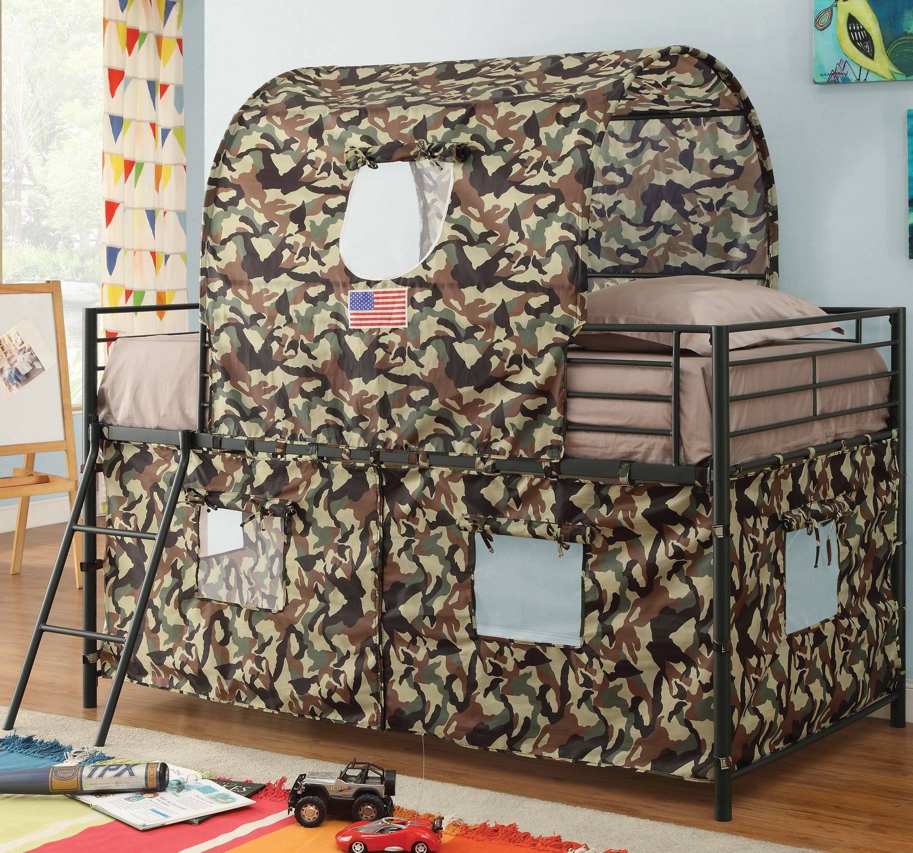 G.I. Twin Loft Bed for Boys - Durable Metal Frame in Glossy Black Finish with Guard Rails and Ladder - Army Camouflage Tent Mesh